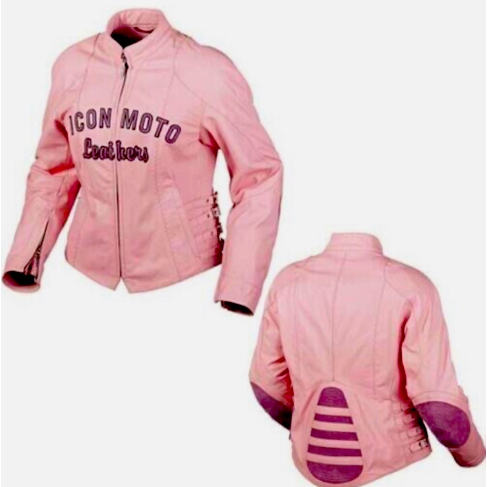 ICON Moto Leathers SMALL Motorcycle Jacket Pink Leather Full Zip Lined